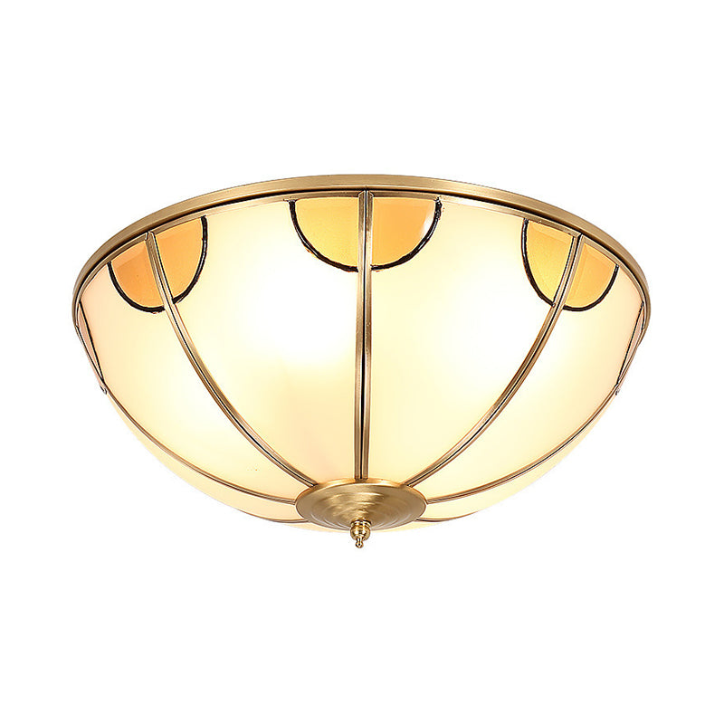 Brass 3 Lights Flush Mount Lamp Colonialism Sandblasted Glass Dome Ceiling Light Fixture for Living Room Clearhalo 'Ceiling Lights' 'Close To Ceiling Lights' 'Close to ceiling' 'Flush mount' Lighting' 271831