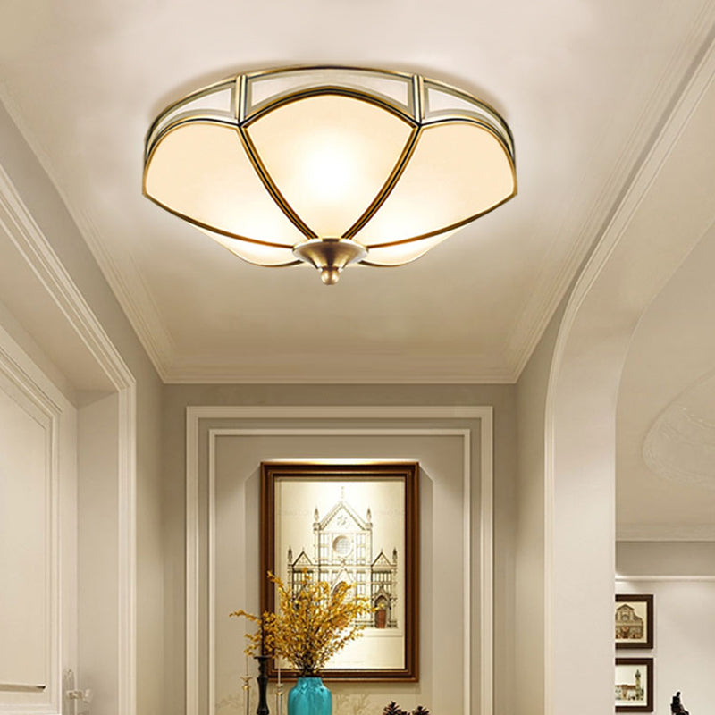 Frosted White Glass Brass Ceiling Flush Scallop 3 Heads Colonialist Flush Mount Lamp for Hallway Brass Clearhalo 'Ceiling Lights' 'Close To Ceiling Lights' 'Close to ceiling' 'Flush mount' Lighting' 271845