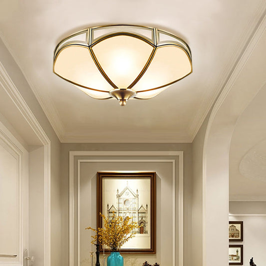 Frosted White Glass Brass Ceiling Flush Scallop 3 Heads Colonialist Flush Mount Lamp for Hallway Brass Clearhalo 'Ceiling Lights' 'Close To Ceiling Lights' 'Close to ceiling' 'Flush mount' Lighting' 271845