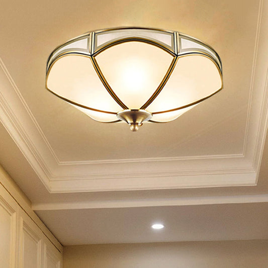 Frosted White Glass Brass Ceiling Flush Scallop 3 Heads Colonialist Flush Mount Lamp for Hallway Clearhalo 'Ceiling Lights' 'Close To Ceiling Lights' 'Close to ceiling' 'Flush mount' Lighting' 271846