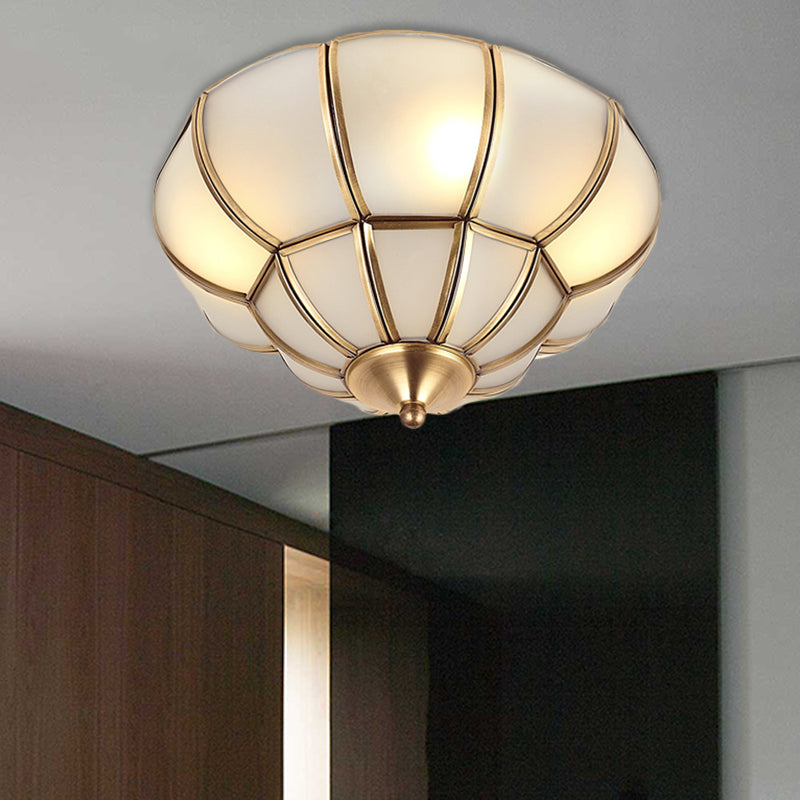 Colonialism Scallop Ceiling Mounted Light 11"/18" W 3 Bulbs Satin Opal Glass Flush Mount Chandelier in Brass Clearhalo 'Ceiling Lights' 'Close To Ceiling Lights' 'Close to ceiling' 'Flush mount' Lighting' 271863