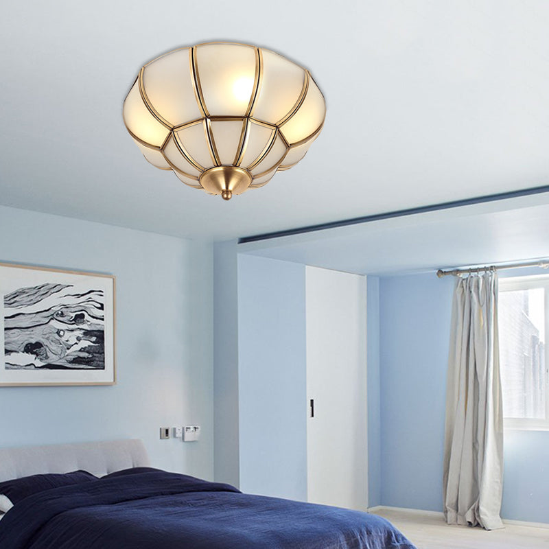 Colonialism Scallop Ceiling Mounted Light 11"/18" W 3 Bulbs Satin Opal Glass Flush Mount Chandelier in Brass Clearhalo 'Ceiling Lights' 'Close To Ceiling Lights' 'Close to ceiling' 'Flush mount' Lighting' 271864