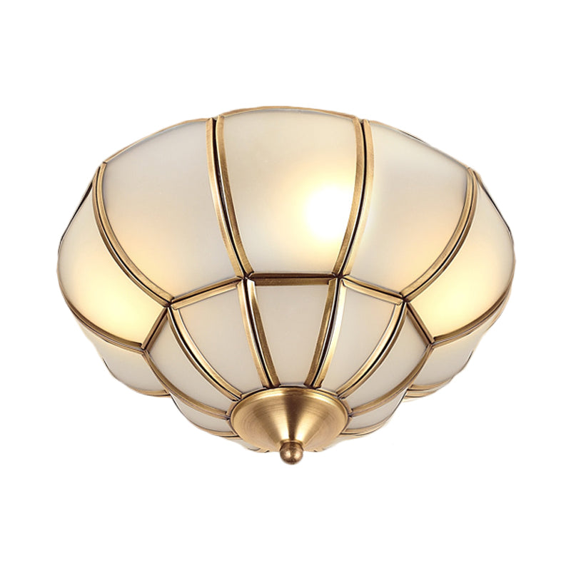 Colonialism Scallop Ceiling Mounted Light 11"/18" W 3 Bulbs Satin Opal Glass Flush Mount Chandelier in Brass Clearhalo 'Ceiling Lights' 'Close To Ceiling Lights' 'Close to ceiling' 'Flush mount' Lighting' 271865