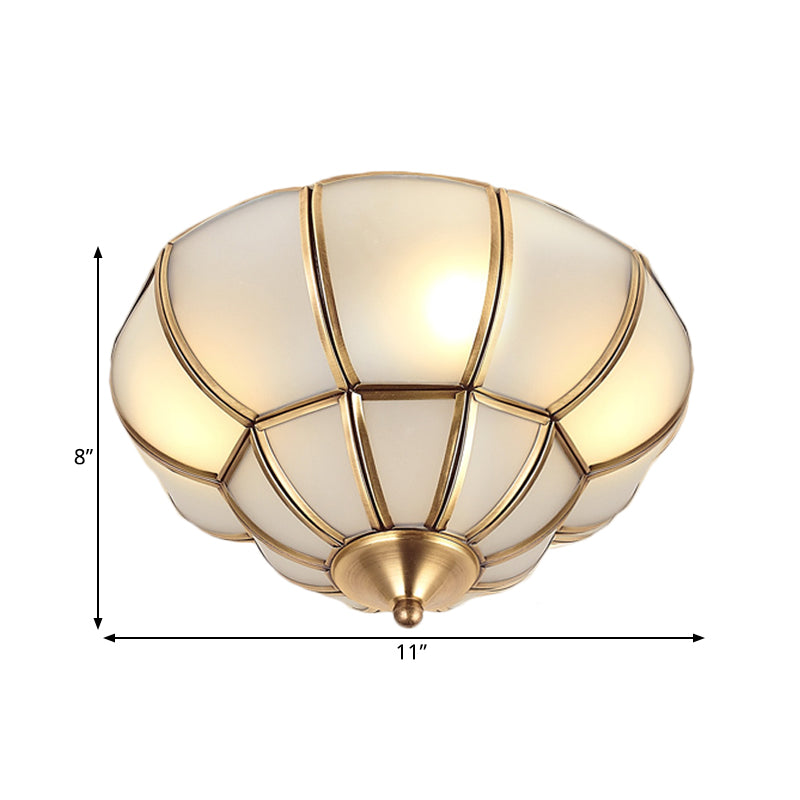 Colonialism Scallop Ceiling Mounted Light 11"/18" W 3 Bulbs Satin Opal Glass Flush Mount Chandelier in Brass Clearhalo 'Ceiling Lights' 'Close To Ceiling Lights' 'Close to ceiling' 'Flush mount' Lighting' 271866