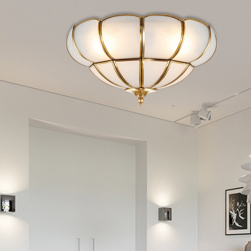 Colonialism Scallop Ceiling Mounted Light 11"/18" W 3 Bulbs Satin Opal Glass Flush Mount Chandelier in Brass Clearhalo 'Ceiling Lights' 'Close To Ceiling Lights' 'Close to ceiling' 'Flush mount' Lighting' 271868