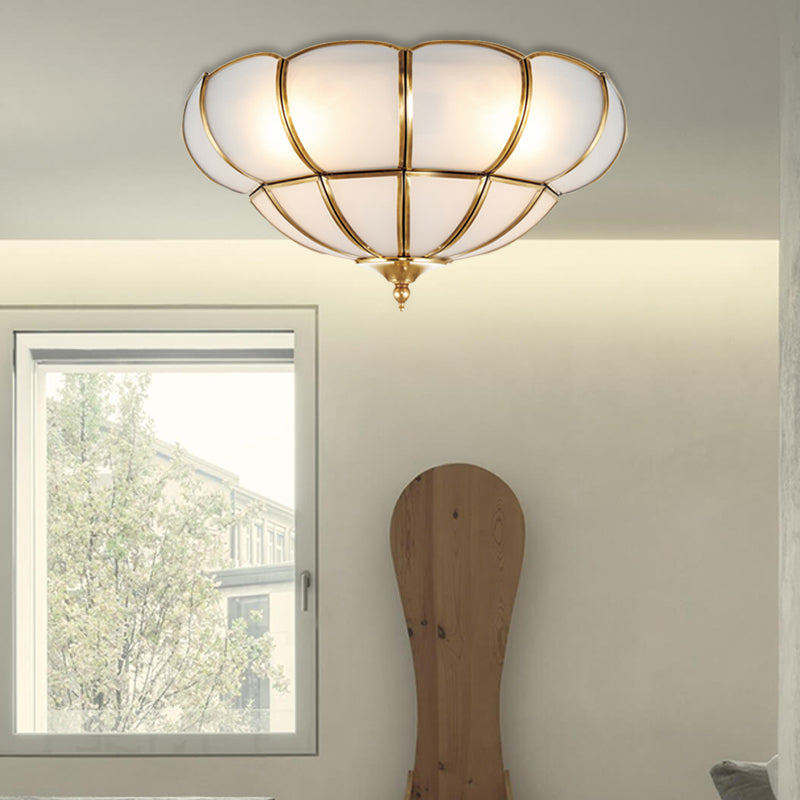 Colonialism Scallop Ceiling Mounted Light 11"/18" W 3 Bulbs Satin Opal Glass Flush Mount Chandelier in Brass Clearhalo 'Ceiling Lights' 'Close To Ceiling Lights' 'Close to ceiling' 'Flush mount' Lighting' 271869