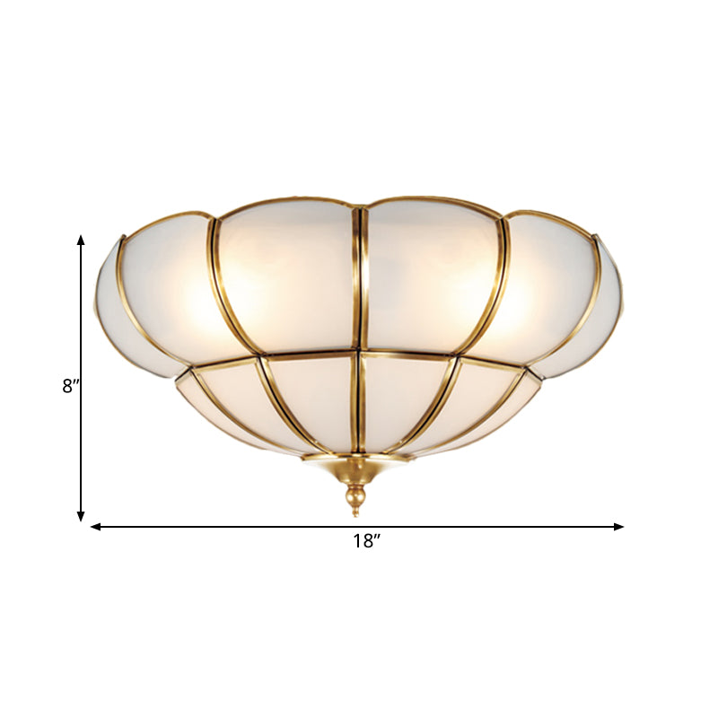 Colonialism Scallop Ceiling Mounted Light 11"/18" W 3 Bulbs Satin Opal Glass Flush Mount Chandelier in Brass Clearhalo 'Ceiling Lights' 'Close To Ceiling Lights' 'Close to ceiling' 'Flush mount' Lighting' 271871