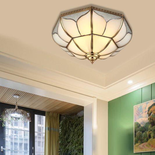 4 Bulbs Bowl Ceiling Light Colonial Brass Mouth Blown Opal Glass Flush Light Fixture for Living Room Brass Clearhalo 'Ceiling Lights' 'Close To Ceiling Lights' 'Close to ceiling' 'Flush mount' Lighting' 271872