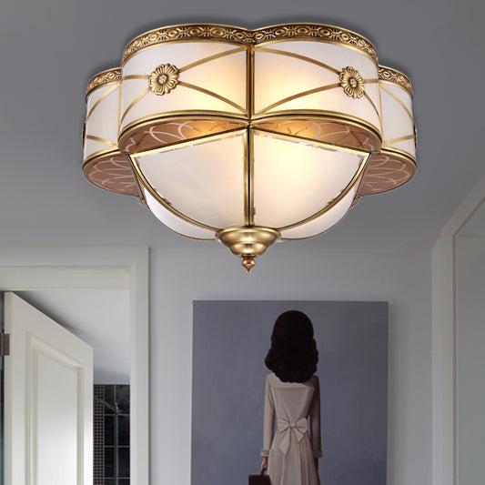 Brass 4 Heads Flush Mount Lamp Colonialism Sandblasted Glass Scalloped Ceiling Light for Living Room Clearhalo 'Ceiling Lights' 'Close To Ceiling Lights' 'Close to ceiling' 'Flush mount' Lighting' 271878