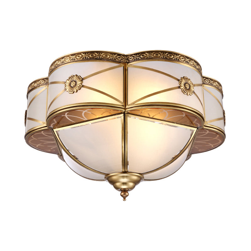 Brass 4 Heads Flush Mount Lamp Colonialism Sandblasted Glass Scalloped Ceiling Light for Living Room Clearhalo 'Ceiling Lights' 'Close To Ceiling Lights' 'Close to ceiling' 'Flush mount' Lighting' 271880