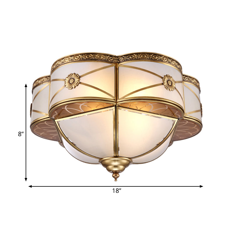 Brass 4 Heads Flush Mount Lamp Colonialism Sandblasted Glass Scalloped Ceiling Light for Living Room Clearhalo 'Ceiling Lights' 'Close To Ceiling Lights' 'Close to ceiling' 'Flush mount' Lighting' 271881