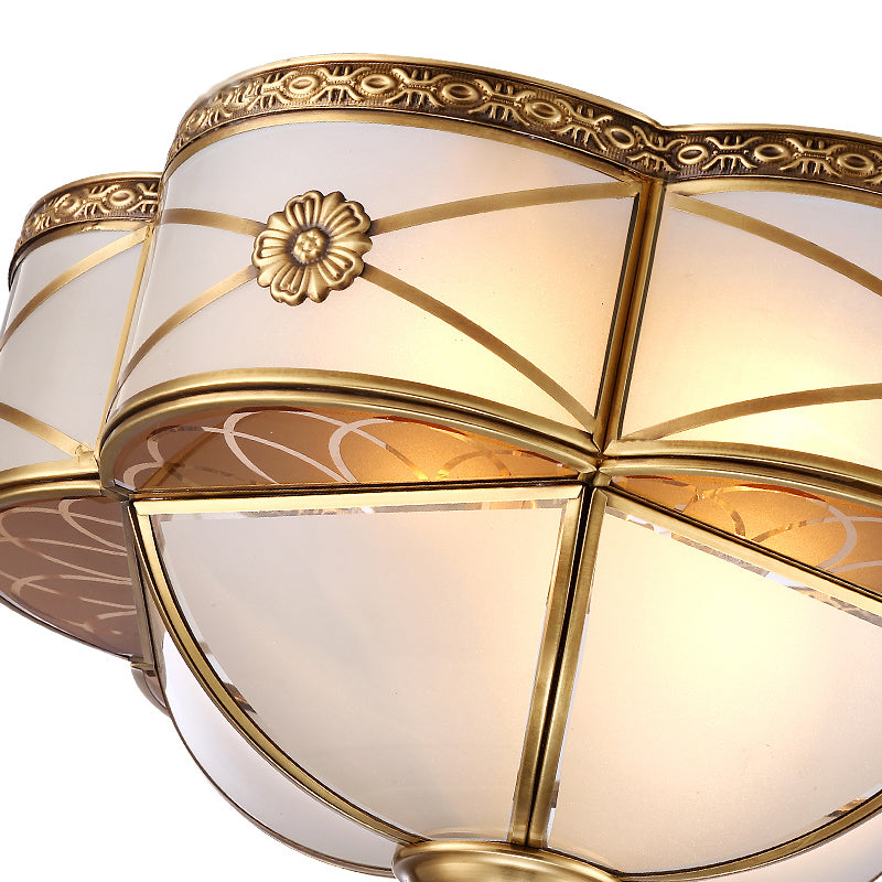 Brass 4 Heads Flush Mount Lamp Colonialism Sandblasted Glass Scalloped Ceiling Light for Living Room Clearhalo 'Ceiling Lights' 'Close To Ceiling Lights' 'Close to ceiling' 'Flush mount' Lighting' 271882