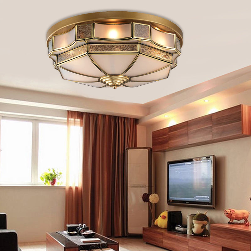 Curved Frosted Glass Brass Ceiling Flush Scallop 3/5 Heads Colonialist Flush Mount Lamp for Bedroom Brass Clearhalo 'Ceiling Lights' 'Close To Ceiling Lights' 'Close to ceiling' 'Flush mount' Lighting' 271883