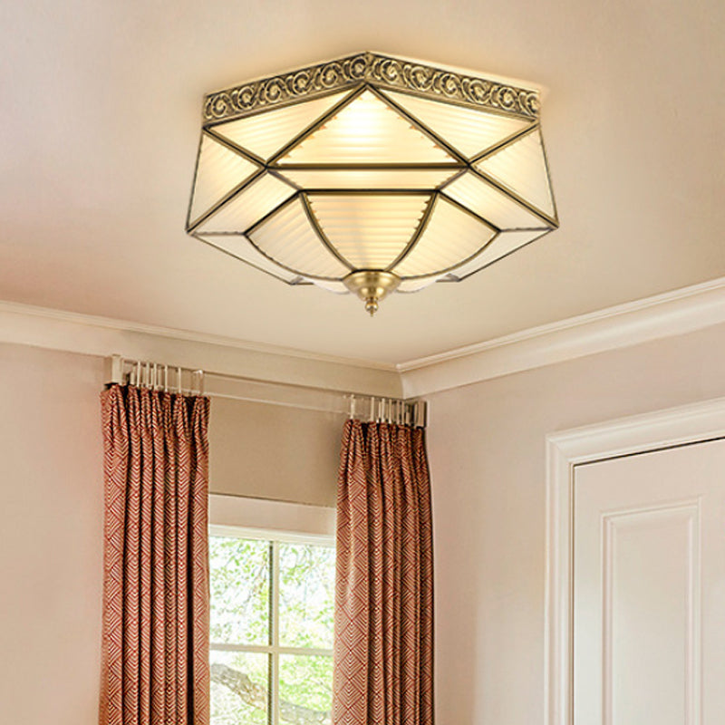 Colonialist Beveled Ceiling Mounted Light 4 Bulbs Opaline Glass Flush Mount Light Fixture in Brass for Bedroom Brass Clearhalo 'Ceiling Lights' 'Close To Ceiling Lights' 'Close to ceiling' 'Flush mount' Lighting' 271899