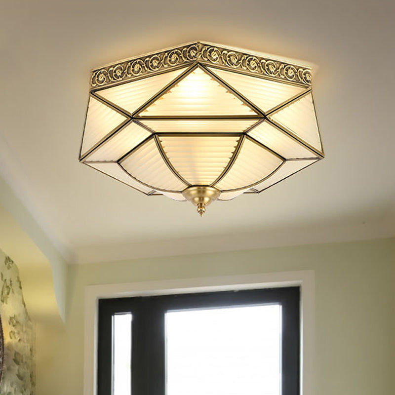 Colonialist Beveled Ceiling Mounted Light 4 Bulbs Opaline Glass Flush Mount Light Fixture in Brass for Bedroom Clearhalo 'Ceiling Lights' 'Close To Ceiling Lights' 'Close to ceiling' 'Flush mount' Lighting' 271900