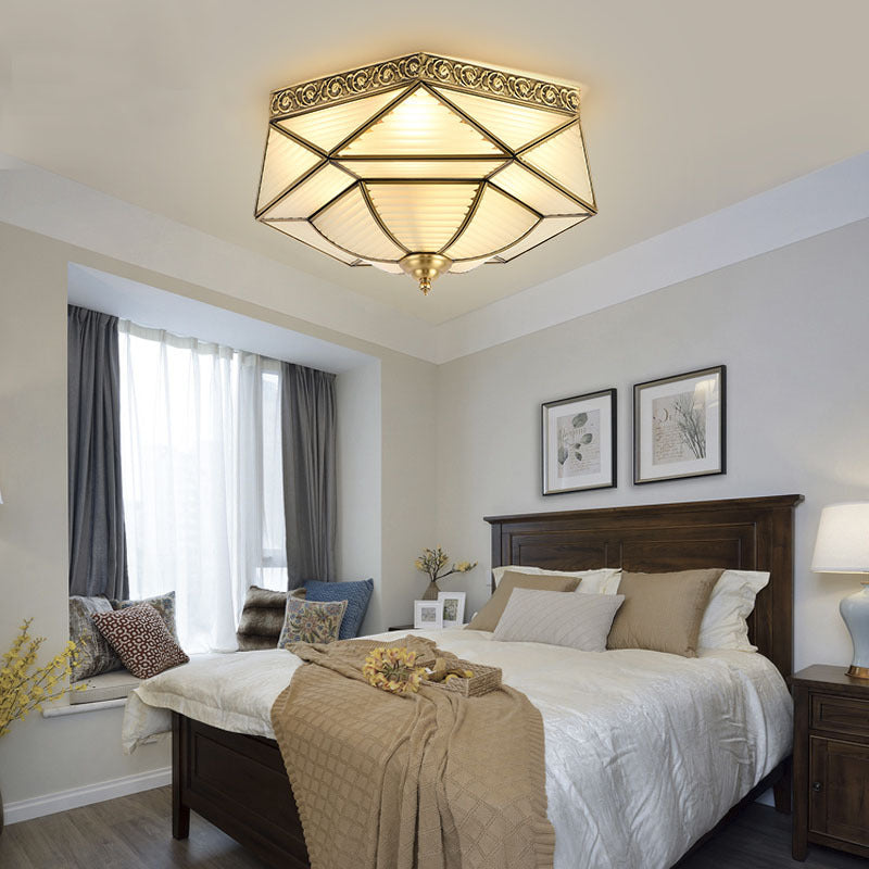 Colonialist Beveled Ceiling Mounted Light 4 Bulbs Opaline Glass Flush Mount Light Fixture in Brass for Bedroom Clearhalo 'Ceiling Lights' 'Close To Ceiling Lights' 'Close to ceiling' 'Flush mount' Lighting' 271901