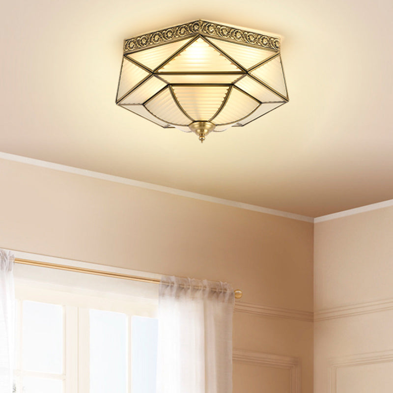 Colonialist Beveled Ceiling Mounted Light 4 Bulbs Opaline Glass Flush Mount Light Fixture in Brass for Bedroom Clearhalo 'Ceiling Lights' 'Close To Ceiling Lights' 'Close to ceiling' 'Flush mount' Lighting' 271902