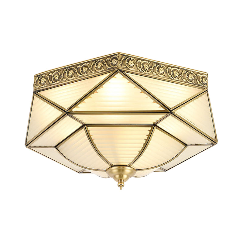 Colonialist Beveled Ceiling Mounted Light 4 Bulbs Opaline Glass Flush Mount Light Fixture in Brass for Bedroom Clearhalo 'Ceiling Lights' 'Close To Ceiling Lights' 'Close to ceiling' 'Flush mount' Lighting' 271903