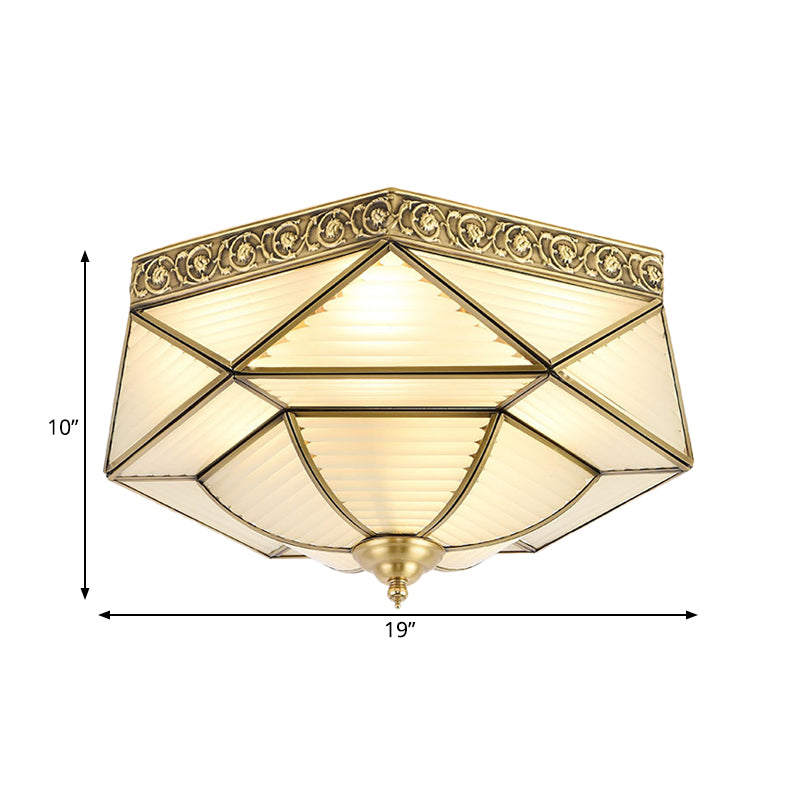 Colonialist Beveled Ceiling Mounted Light 4 Bulbs Opaline Glass Flush Mount Light Fixture in Brass for Bedroom Clearhalo 'Ceiling Lights' 'Close To Ceiling Lights' 'Close to ceiling' 'Flush mount' Lighting' 271904