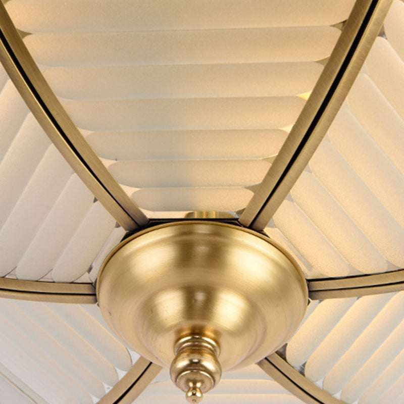 Colonialist Beveled Ceiling Mounted Light 4 Bulbs Opaline Glass Flush Mount Light Fixture in Brass for Bedroom Clearhalo 'Ceiling Lights' 'Close To Ceiling Lights' 'Close to ceiling' 'Flush mount' Lighting' 271905