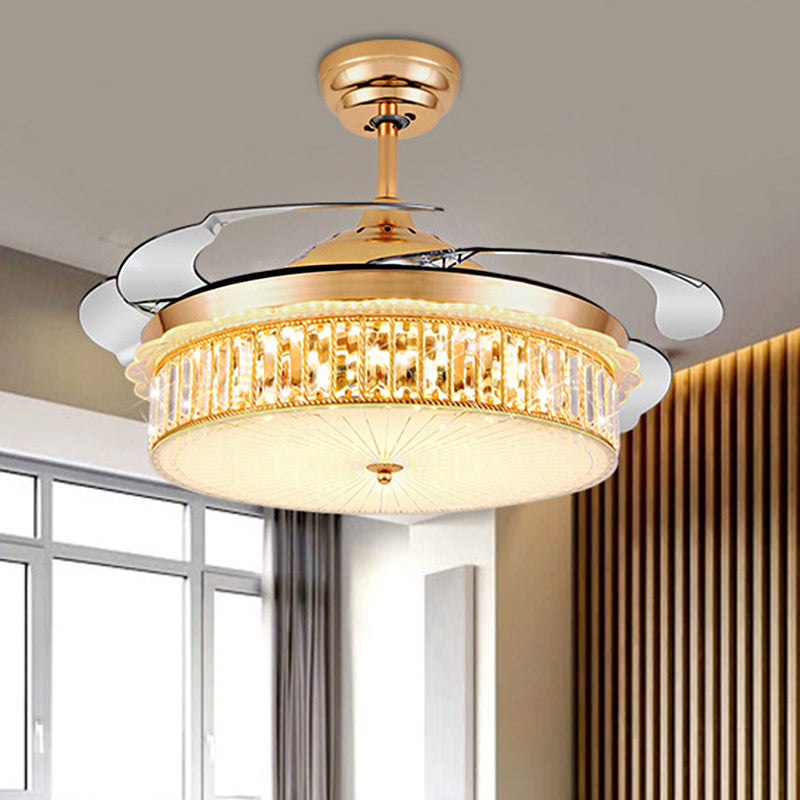 Drum Ceiling Fan Light Modernism Crystal Gold Led Flush Mount Light Fixture with 4 Blades, 36"/42" Wide Gold Clearhalo 'Ceiling Fans with Lights' 'Ceiling Fans' 'Modern Ceiling Fans' 'Modern' Lighting' 271928