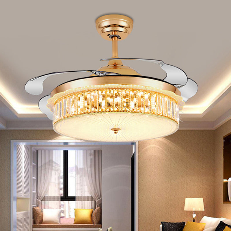 Drum Ceiling Fan Light Modernism Crystal Gold Led Flush Mount Light Fixture with 4 Blades, 36"/42" Wide Clearhalo 'Ceiling Fans with Lights' 'Ceiling Fans' 'Modern Ceiling Fans' 'Modern' Lighting' 271929