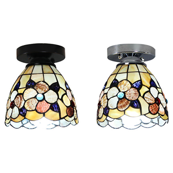 Tiffany Style Domed Ceiling Light Stained Glass 1 Bulb Flush Mount Ceiling Light with Flower Pattern in Black/Chrome Finish Clearhalo 'Ceiling Lights' 'Close To Ceiling Lights' 'Close to ceiling' 'Glass shade' 'Glass' 'Semi-flushmount' 'Tiffany close to ceiling' 'Tiffany' Lighting' 27193