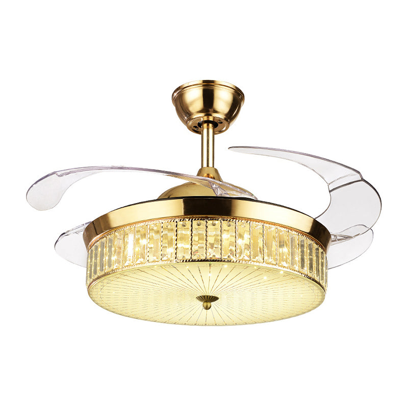 Drum Ceiling Fan Light Modernism Crystal Gold Led Flush Mount Light Fixture with 4 Blades, 36"/42" Wide Clearhalo 'Ceiling Fans with Lights' 'Ceiling Fans' 'Modern Ceiling Fans' 'Modern' Lighting' 271932