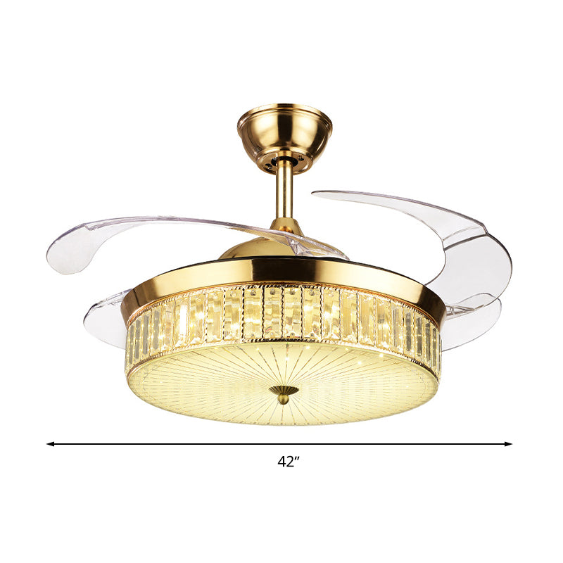 Drum Ceiling Fan Light Modernism Crystal Gold Led Flush Mount Light Fixture with 4 Blades, 36"/42" Wide Clearhalo 'Ceiling Fans with Lights' 'Ceiling Fans' 'Modern Ceiling Fans' 'Modern' Lighting' 271934