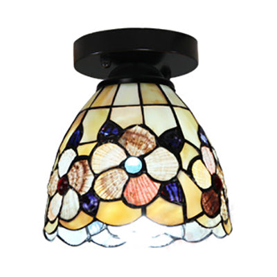 Tiffany Style Domed Ceiling Light Stained Glass 1 Bulb Flush Mount Ceiling Light with Flower Pattern in Black/Chrome Finish Clearhalo 'Ceiling Lights' 'Close To Ceiling Lights' 'Close to ceiling' 'Glass shade' 'Glass' 'Semi-flushmount' 'Tiffany close to ceiling' 'Tiffany' Lighting' 27194