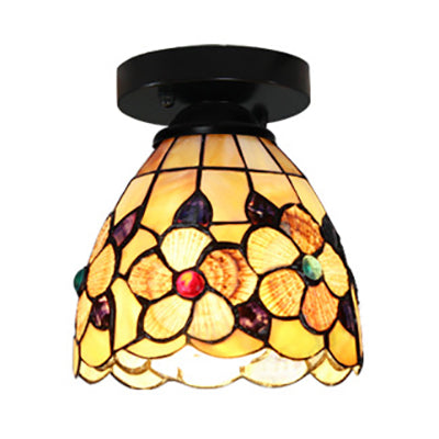 Tiffany Style Domed Ceiling Light Stained Glass 1 Bulb Flush Mount Ceiling Light with Flower Pattern in Black/Chrome Finish Clearhalo 'Ceiling Lights' 'Close To Ceiling Lights' 'Close to ceiling' 'Glass shade' 'Glass' 'Semi-flushmount' 'Tiffany close to ceiling' 'Tiffany' Lighting' 27195