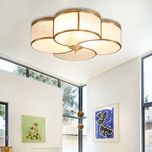 Brass 4 Lights Flush Mount Fixture Colonialism Curved Frosted Glass Clover Ceiling Mounted Light for Living Room Brass Clearhalo 'Ceiling Lights' 'Close To Ceiling Lights' 'Close to ceiling' 'Flush mount' Lighting' 271957