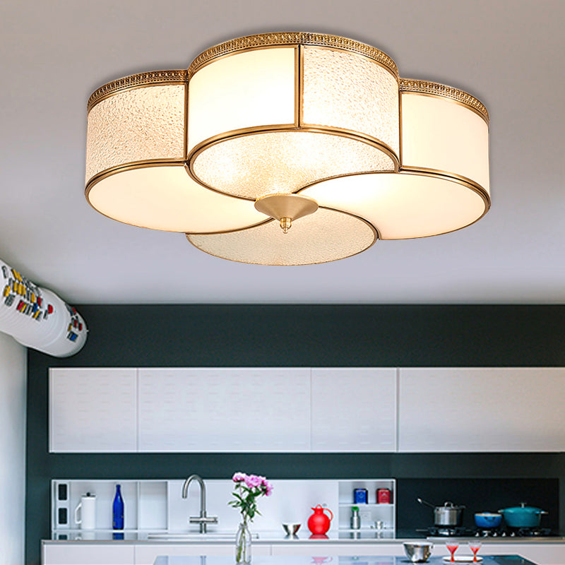 Brass 4 Lights Flush Mount Fixture Colonialism Curved Frosted Glass Clover Ceiling Mounted Light for Living Room Clearhalo 'Ceiling Lights' 'Close To Ceiling Lights' 'Close to ceiling' 'Flush mount' Lighting' 271958