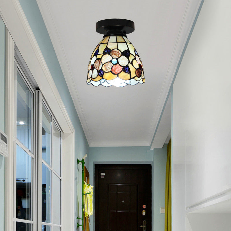 Tiffany Style Domed Ceiling Light Stained Glass 1 Bulb Flush Mount Ceiling Light with Flower Pattern in Black/Chrome Finish Clearhalo 'Ceiling Lights' 'Close To Ceiling Lights' 'Close to ceiling' 'Glass shade' 'Glass' 'Semi-flushmount' 'Tiffany close to ceiling' 'Tiffany' Lighting' 27196