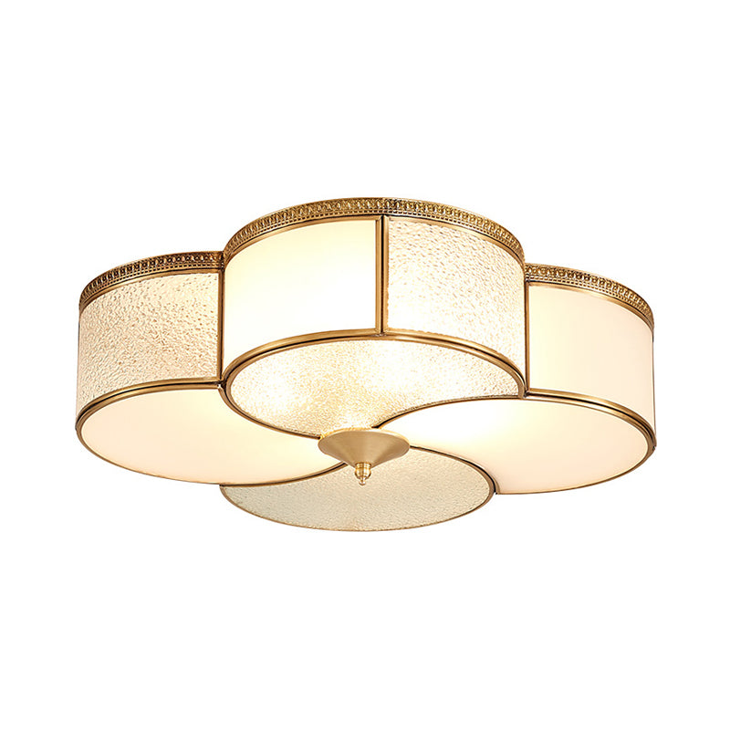 Brass 4 Lights Flush Mount Fixture Colonialism Curved Frosted Glass Clover Ceiling Mounted Light for Living Room Clearhalo 'Ceiling Lights' 'Close To Ceiling Lights' 'Close to ceiling' 'Flush mount' Lighting' 271960