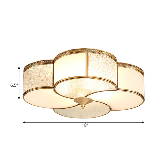 Brass 4 Lights Flush Mount Fixture Colonialism Curved Frosted Glass Clover Ceiling Mounted Light for Living Room Clearhalo 'Ceiling Lights' 'Close To Ceiling Lights' 'Close to ceiling' 'Flush mount' Lighting' 271961