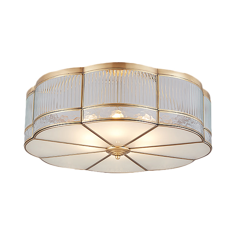 Ribbed Glass Gold Ceiling Flush Clover 3/4 Heads 14"/18" W Colonialist Flush Mount Lamp for Dining Room Clearhalo 'Ceiling Lights' 'Close To Ceiling Lights' 'Close to ceiling' 'Flush mount' Lighting' 271965