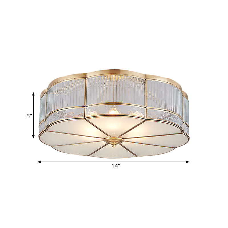 Ribbed Glass Gold Ceiling Flush Clover 3/4 Heads 14"/18" W Colonialist Flush Mount Lamp for Dining Room Clearhalo 'Ceiling Lights' 'Close To Ceiling Lights' 'Close to ceiling' 'Flush mount' Lighting' 271966