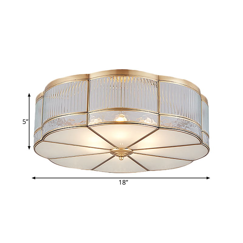 Ribbed Glass Gold Ceiling Flush Clover 3/4 Heads 14"/18" W Colonialist Flush Mount Lamp for Dining Room Clearhalo 'Ceiling Lights' 'Close To Ceiling Lights' 'Close to ceiling' 'Flush mount' Lighting' 271967