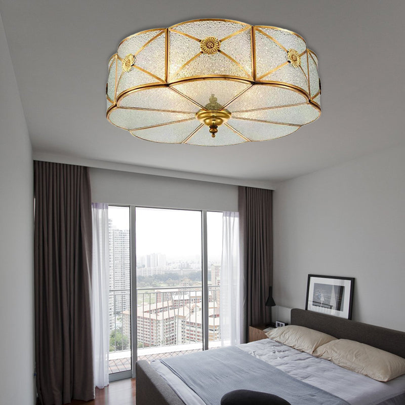 Colonialism Scallop Ceiling Mounted Light 3/4/6 Bulbs Seeded Glass Flush Mount Chandelier in Brass for Bedroom Brass Clearhalo 'Ceiling Lights' 'Close To Ceiling Lights' 'Close to ceiling' 'Flush mount' Lighting' 271968