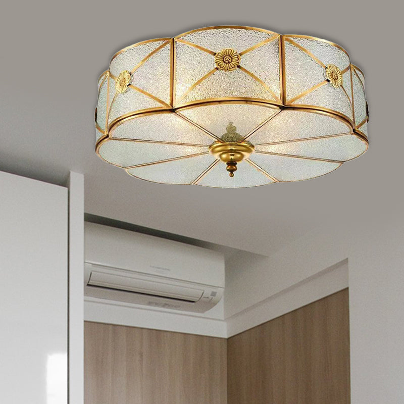 Colonialism Scallop Ceiling Mounted Light 3/4/6 Bulbs Seeded Glass Flush Mount Chandelier in Brass for Bedroom Clearhalo 'Ceiling Lights' 'Close To Ceiling Lights' 'Close to ceiling' 'Flush mount' Lighting' 271969