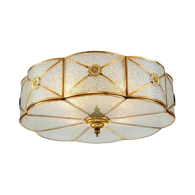 Colonialism Scallop Ceiling Mounted Light 3/4/6 Bulbs Seeded Glass Flush Mount Chandelier in Brass for Bedroom Clearhalo 'Ceiling Lights' 'Close To Ceiling Lights' 'Close to ceiling' 'Flush mount' Lighting' 271971