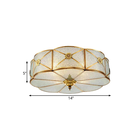 Colonialism Scallop Ceiling Mounted Light 3/4/6 Bulbs Seeded Glass Flush Mount Chandelier in Brass for Bedroom Clearhalo 'Ceiling Lights' 'Close To Ceiling Lights' 'Close to ceiling' 'Flush mount' Lighting' 271972