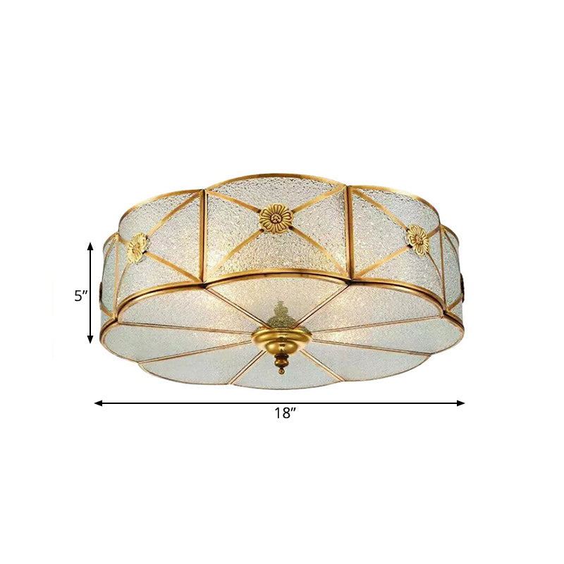 Colonialism Scallop Ceiling Mounted Light 3/4/6 Bulbs Seeded Glass Flush Mount Chandelier in Brass for Bedroom Clearhalo 'Ceiling Lights' 'Close To Ceiling Lights' 'Close to ceiling' 'Flush mount' Lighting' 271973
