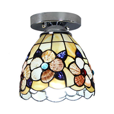 Tiffany Style Domed Ceiling Light Stained Glass 1 Bulb Flush Mount Ceiling Light with Flower Pattern in Black/Chrome Finish Clearhalo 'Ceiling Lights' 'Close To Ceiling Lights' 'Close to ceiling' 'Glass shade' 'Glass' 'Semi-flushmount' 'Tiffany close to ceiling' 'Tiffany' Lighting' 27199