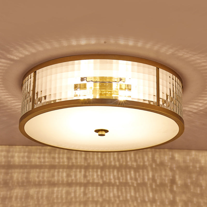 3/4/5 Bulbs Drum Ceiling Mount Colonial Brass Frosted Crystal Glass Flush Light Fixture for Bedroom, 14"/18"/23.5" W Brass Clearhalo 'Ceiling Lights' 'Close To Ceiling Lights' 'Close to ceiling' 'Flush mount' Lighting' 272000