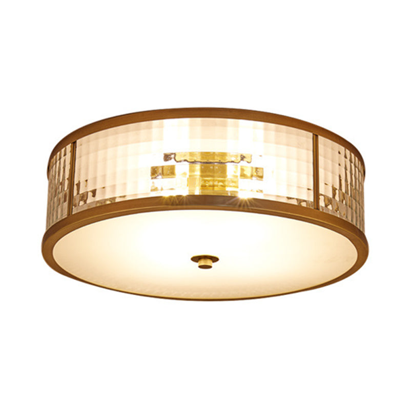 3/4/5 Bulbs Drum Ceiling Mount Colonial Brass Frosted Crystal Glass Flush Light Fixture for Bedroom, 14"/18"/23.5" W Clearhalo 'Ceiling Lights' 'Close To Ceiling Lights' 'Close to ceiling' 'Flush mount' Lighting' 272004