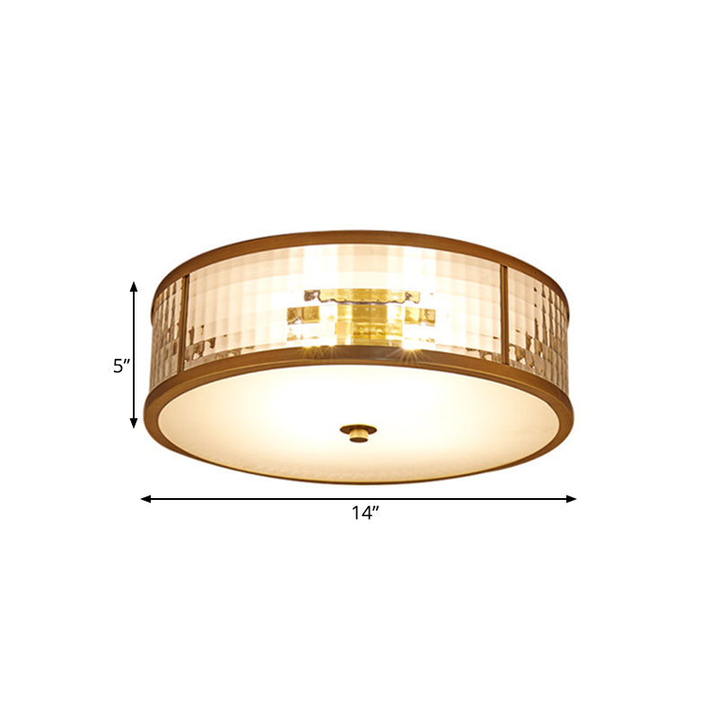 3/4/5 Bulbs Drum Ceiling Mount Colonial Brass Frosted Crystal Glass Flush Light Fixture for Bedroom, 14"/18"/23.5" W Clearhalo 'Ceiling Lights' 'Close To Ceiling Lights' 'Close to ceiling' 'Flush mount' Lighting' 272005