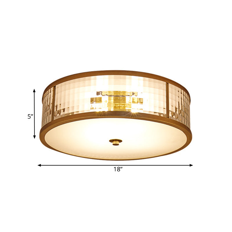 3/4/5 Bulbs Drum Ceiling Mount Colonial Brass Frosted Crystal Glass Flush Light Fixture for Bedroom, 14"/18"/23.5" W Clearhalo 'Ceiling Lights' 'Close To Ceiling Lights' 'Close to ceiling' 'Flush mount' Lighting' 272006