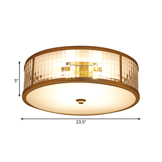 3/4/5 Bulbs Drum Ceiling Mount Colonial Brass Frosted Crystal Glass Flush Light Fixture for Bedroom, 14"/18"/23.5" W Clearhalo 'Ceiling Lights' 'Close To Ceiling Lights' 'Close to ceiling' 'Flush mount' Lighting' 272007